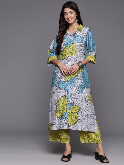 Dhiyona VR Women's Blue And Green Abstract Printed Shirt Collar, Straight Kurta With Side And Front Slits Paired With Printed Bottom