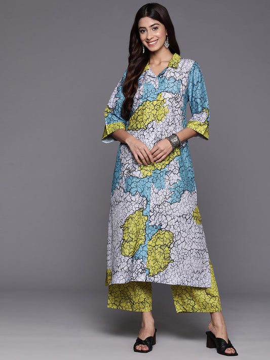 Dhiyona VR Women's Blue And Green Abstract Printed Shirt Collar, Straight Kurta With Side And Front Slits Paired With Printed Bottom