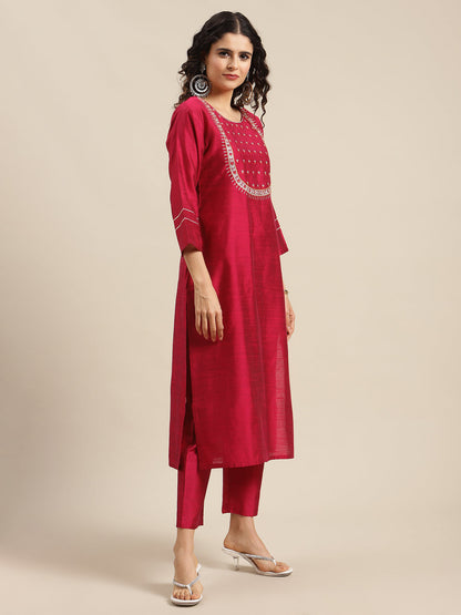 Dhiyona VR Women's Magenta & White Embellished Straight Kurta