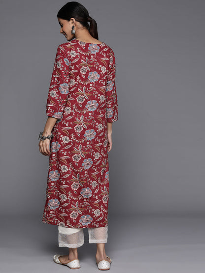 Dhiyona VR Women's Maroon Floral Printed Straight Kurta With Side Slits