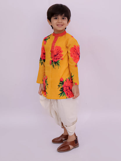 Genda Phool Mustard Kurta and White Dhoti Set for Boys