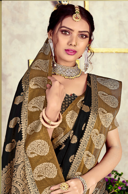 Dhiyona GR Women's GJ Black Diamond Jade Black Zari Woven Design Cotton Blend Saree