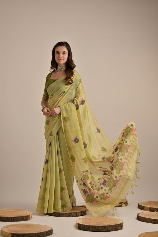 Dhiyona GR Women's Arisaa Green Muga Cotton Saree