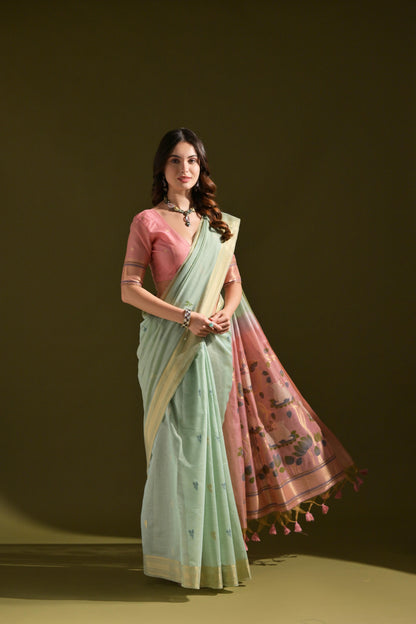 Dhiyona GR Women's Siara Sea Green Muga Cotton Saree