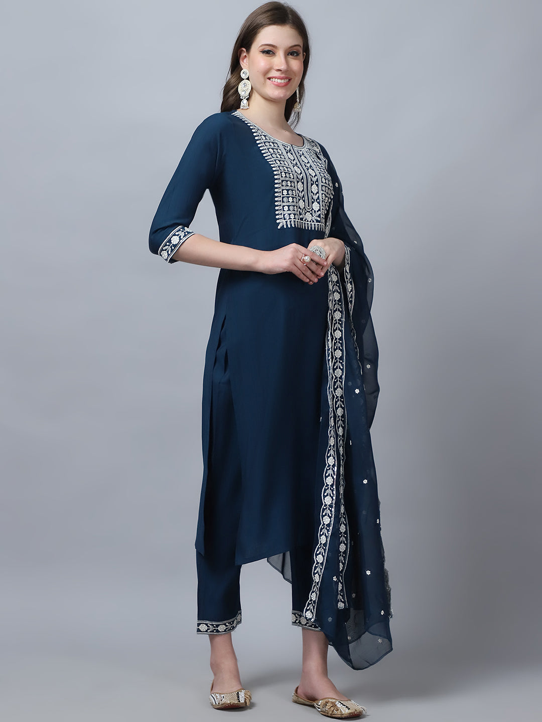 Women's Peach Embroidery  silk  Kurta, Pant And Dupatta Set