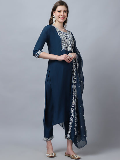 Women's Peach Embroidery  silk  Kurta, Pant And Dupatta Set