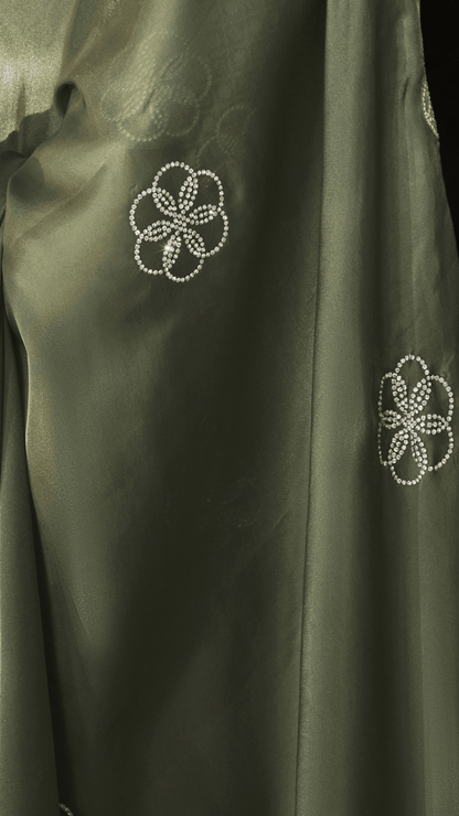 Dhiyona KM Women Olive Green Heavy Embroidered Designer Silk Saree