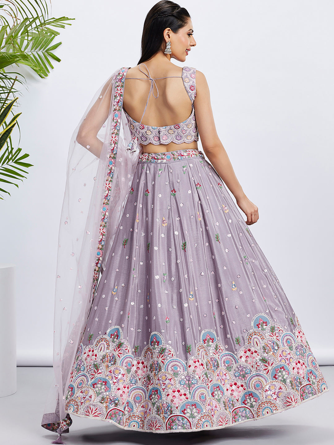 Women Rose gold Pure Chiffon Sequins and thread embroidery  Lehenga choli & Dupatta