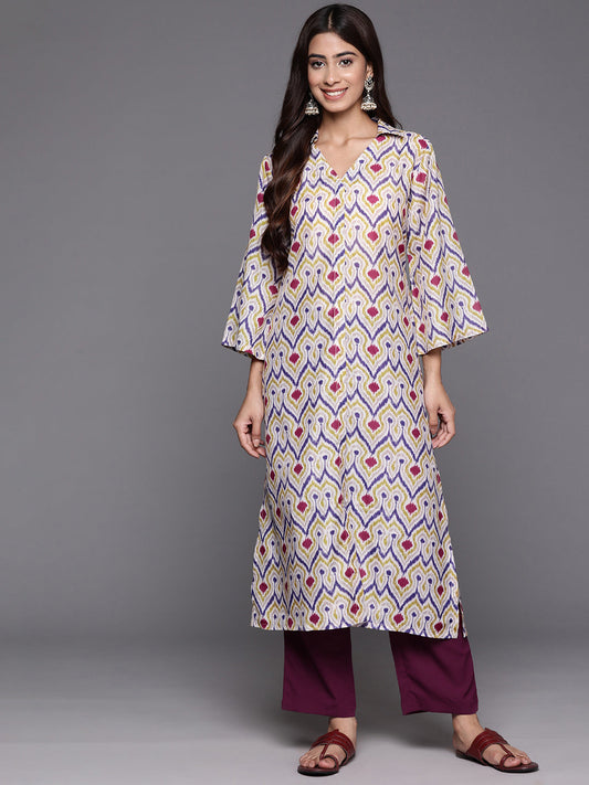 Dhiyona VR Women's Off White Ikat Printed Shirt Collar Straight Kurta Paired With Violet Solid Bottom