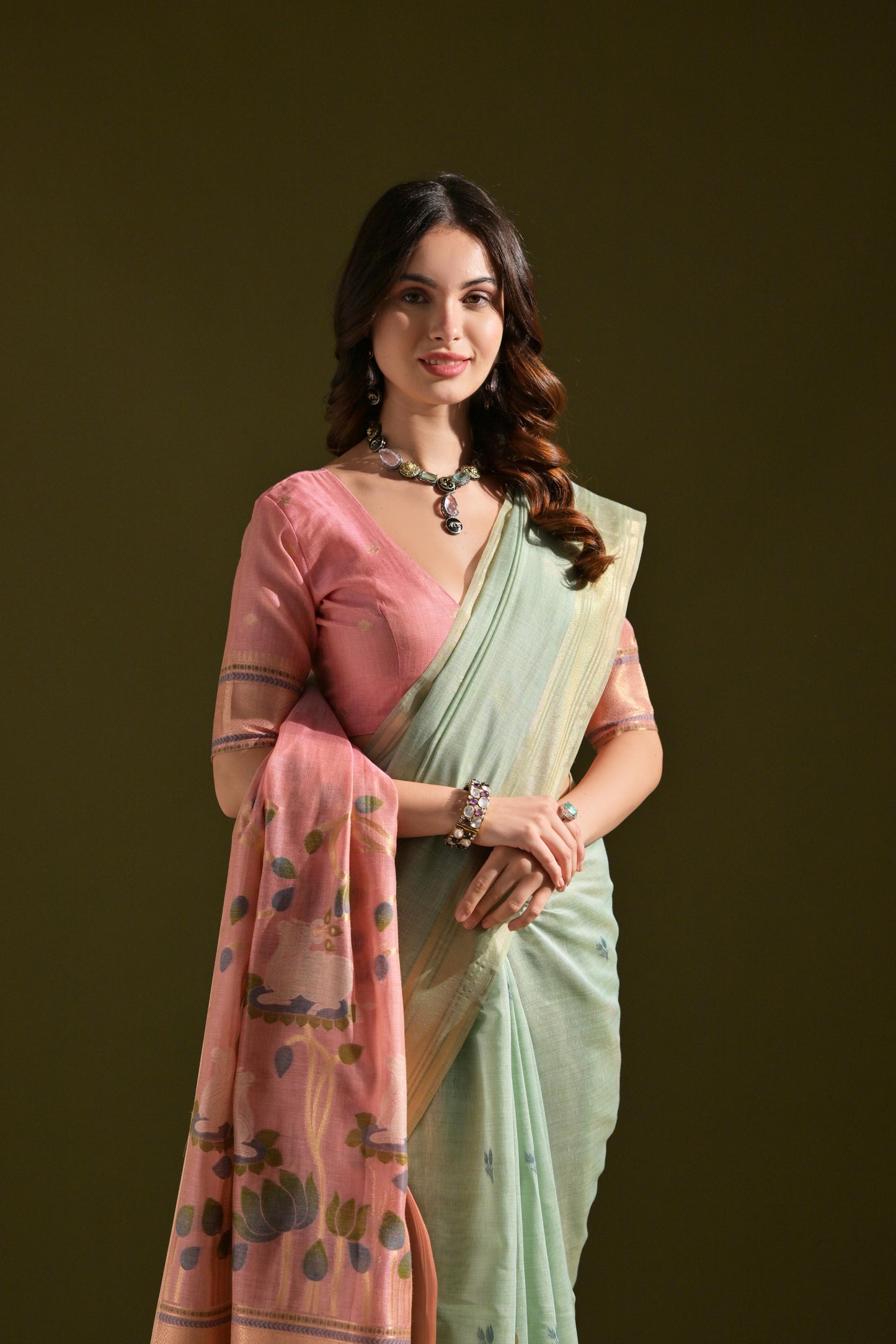 Dhiyona GR Women's Siara Sea Green Muga Cotton Saree