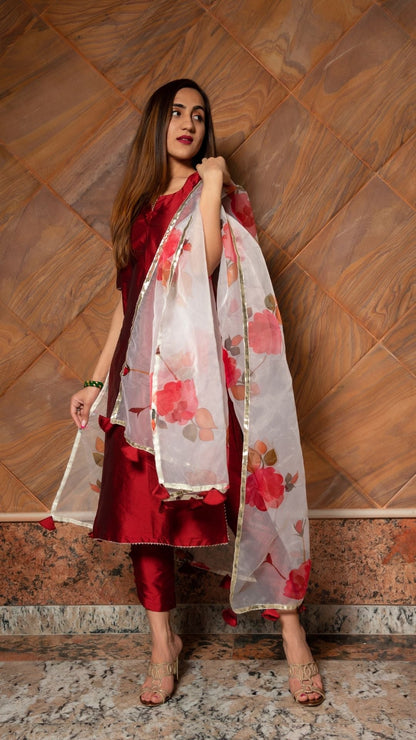 Maroon Phool Taffeta Silk Suit With Digital Print Organza Dupatta Set