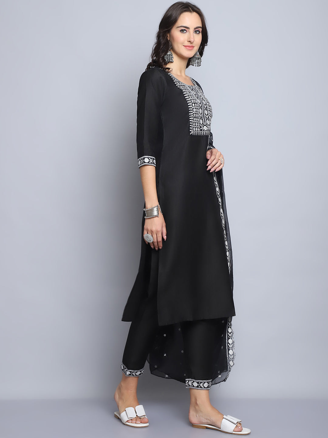 Women's Black Embroidery  silk  Kurta, Pant And Dupatta Set