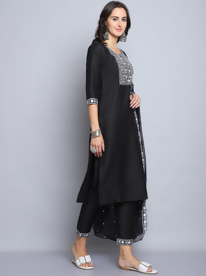Women's Black Embroidery  silk  Kurta, Pant And Dupatta Set