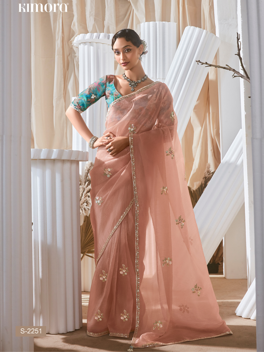 Dhiyona KM Women Peach Designer Organza Saree: Effortless Elegance For Every Occasion