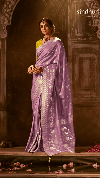 Dhiyona KM Women Royal Purple Saree With Contrast Yellow Blouse & Elegant Zari Work