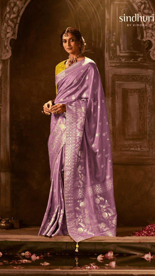 Dhiyona KM Women Royal Purple Saree With Contrast Yellow Blouse & Elegant Zari Work