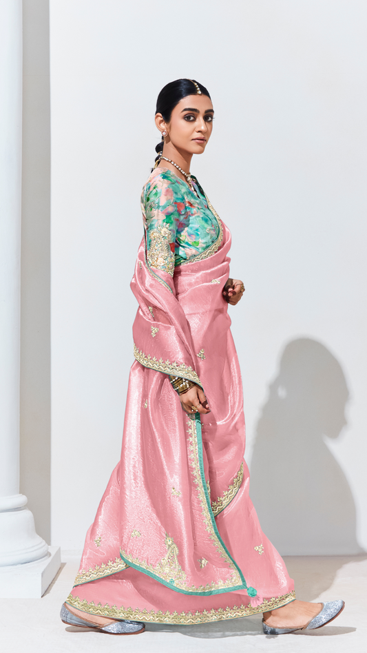 Dhiyona KM Women Peach Elegance “ Pure Silk Saree With Crushed Texture & Multicolor Green Silk Blouse