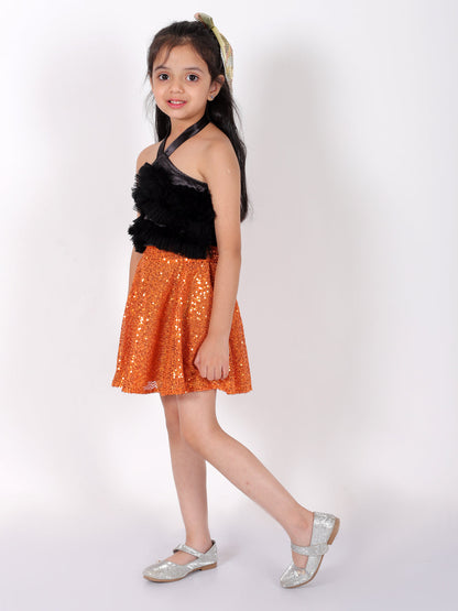 Lil Drama Girls Black Party top with Orange skirt for girls