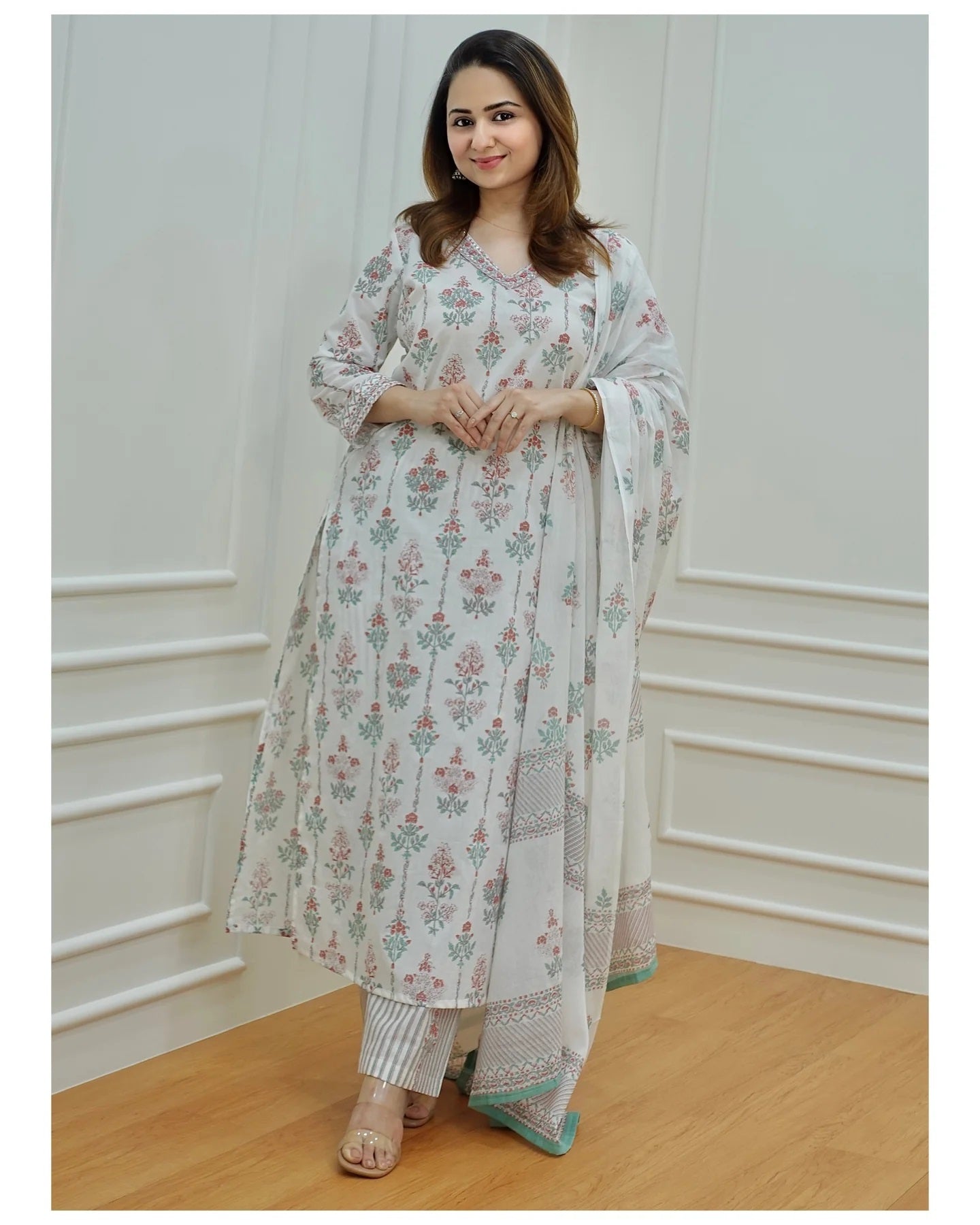 Women Light Green, Purple, White Printed Viscose Rayon Kurta, Pant And Dupatta Set