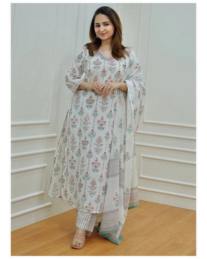 Women Light Green, Purple, White Printed Viscose Rayon Kurta, Pant And Dupatta Set