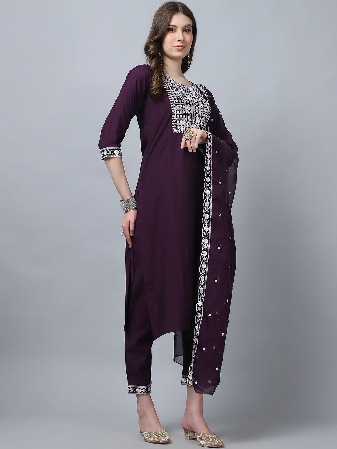 Women's Wine Embroidery  silk  Kurta, Pant And Dupatta Set