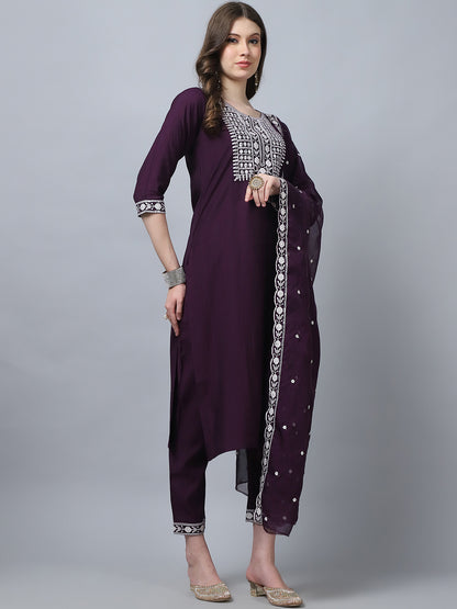 Women's Wine Embroidery  silk  Kurta, Pant And Dupatta Set