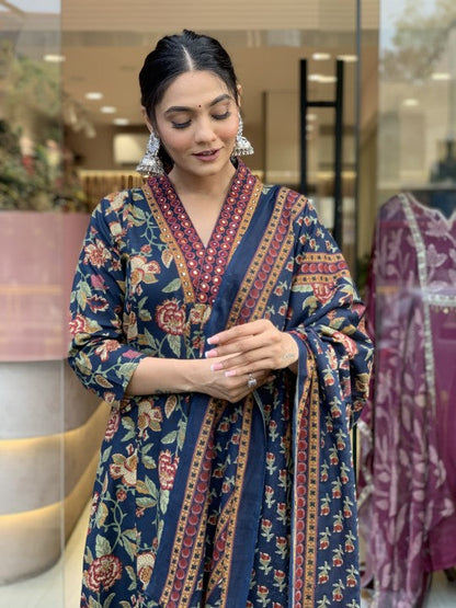 Women Viscose Blue Anarkali Kurta And Pant Set With Dupatta
