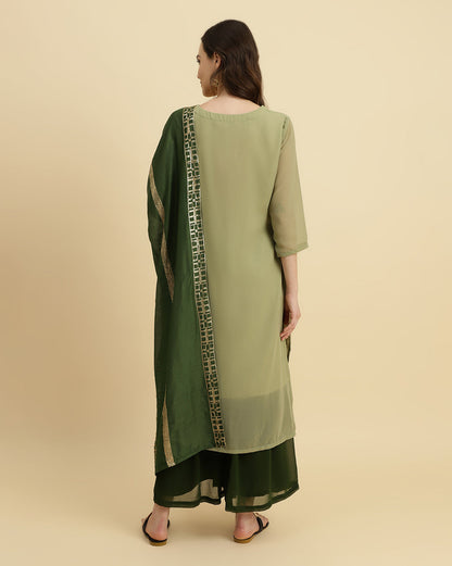 Dhiyona VR Women's Green Sequened Kurta With Sharara And Sequened Ombre Dupatta