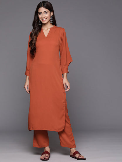 Dhiyona VR Women's Rust Long Sleeves With Smart Cut Cuff, Straight Kurta Paired With Tonal Solid Bottom