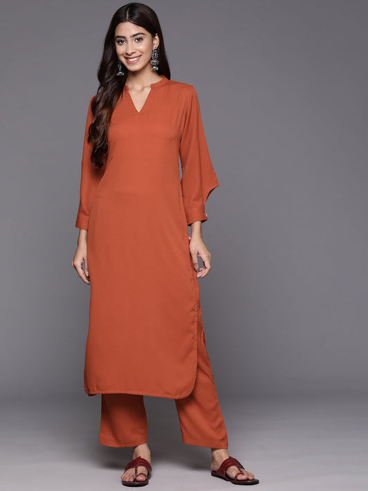 Dhiyona VR Women's Rust Long Sleeves With Smart Cut Cuff, Straight Kurta Paired With Tonal Solid Bottom