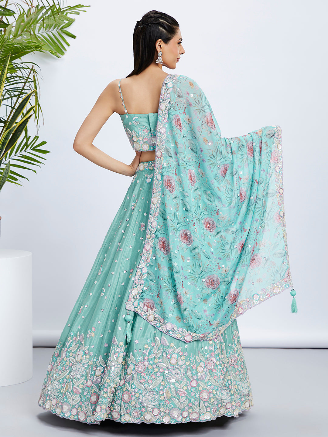 Women Sea green Chiffon Sequins and thread embroidery  Lehenga choli & Dupatta