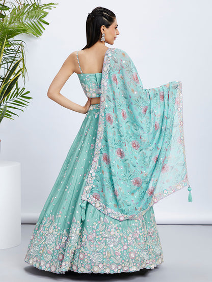 Women Sea green Chiffon Sequins and thread embroidery  Lehenga choli & Dupatta