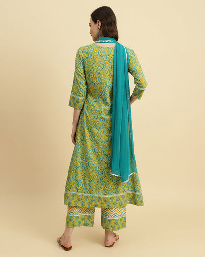 Dhiyona VR Women's Green Floral Printed A-Line Kurta Paired With Printed Palazzo And Chiffon Dupatta