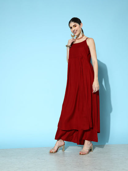 Dhiyona VR Women's Maroon Strap Style A Line Kurta Paired With Tonal Bottom And Contrast Floral Printed Dupatta With Four Sided Fringes