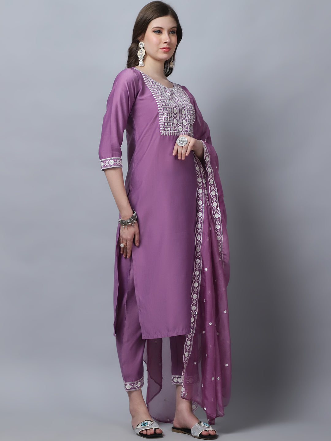 Women's Pink Embroidery  silk  Kurta, Pant And Dupatta Set