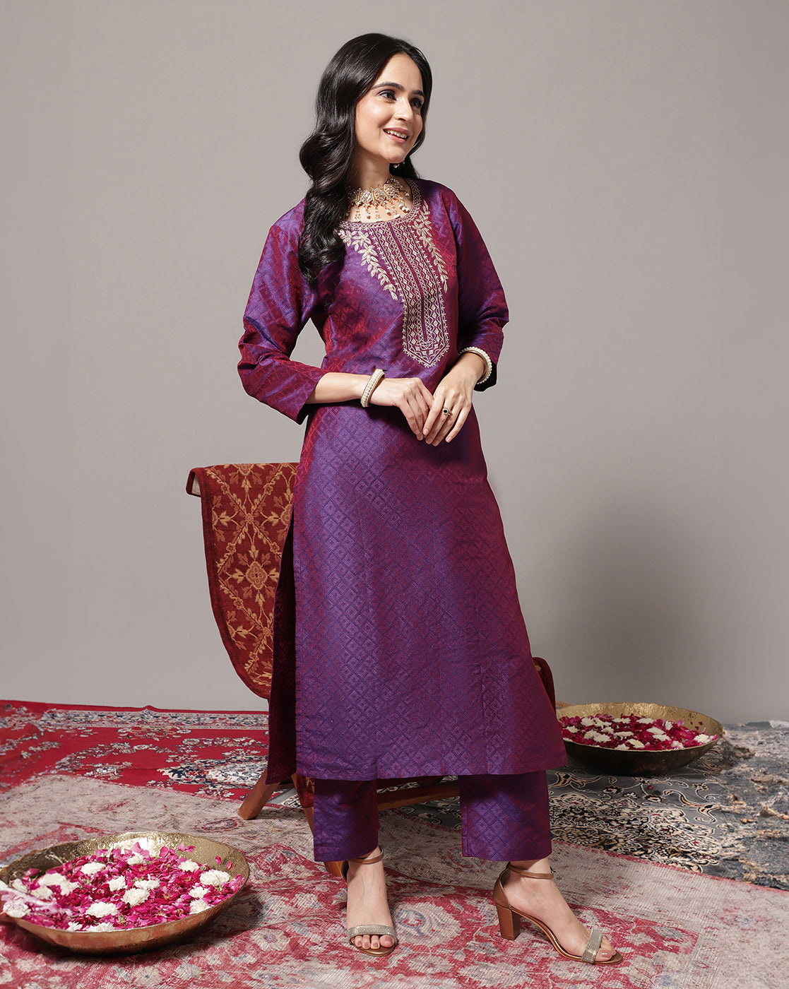 Dhiyona VR Women's Voilet Zari Embroidered Kurta With Three Quater Sleeves Paired With Tonal Bottom And Dupatta