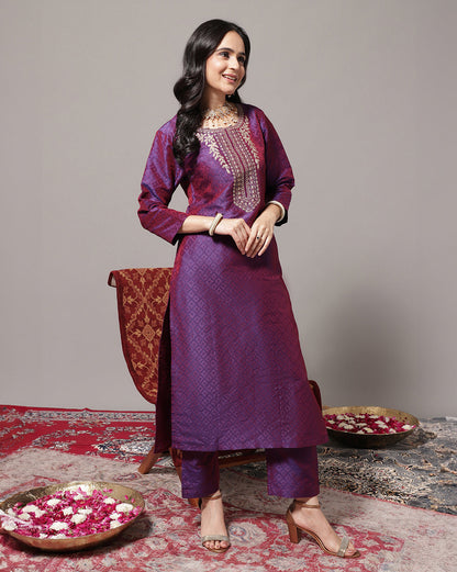 Dhiyona VR Women's Voilet Zari Embroidered Kurta With Three Quater Sleeves Paired With Tonal Bottom And Dupatta