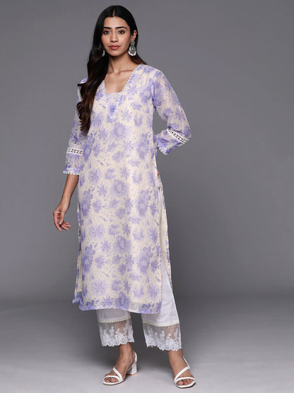 Dhiyona VR Women's Lavender Floral Printed V- Neck Three Quarter Sleeve Straight Kurta