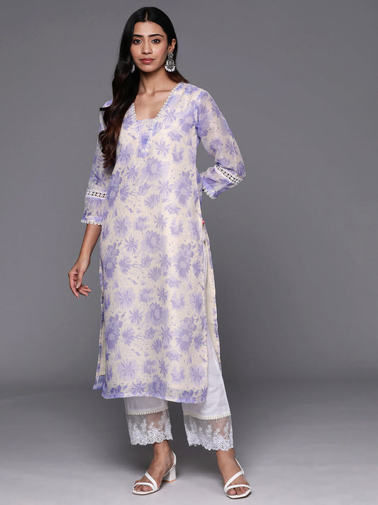 Dhiyona VR Women's Lavender Floral Printed V- Neck Three Quarter Sleeve Straight Kurta