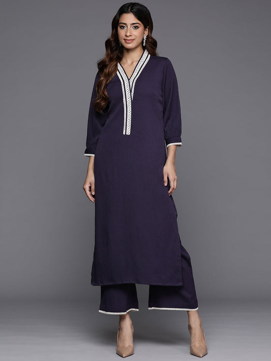 Dhiyona VR Women's Navy Blue Cotton Lace Detailed Kurta Set