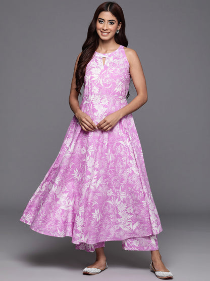 Dhiyona VR Women's Lavender Floral Printed Halter Neck Anarkali Kurta With Bottom