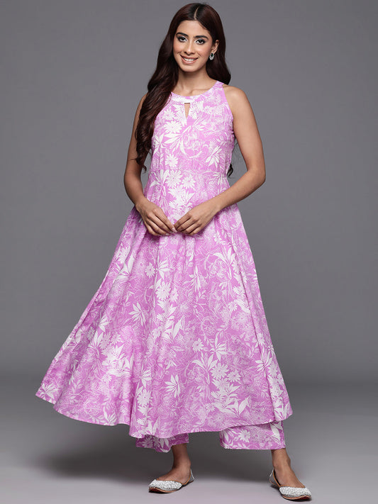 Dhiyona VR Women's Lavender Floral Printed Halter Neck Anarkali Kurta With Bottom