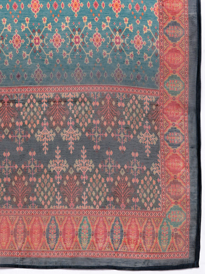 Dhiyona VR Women's Patola Printed, Teal & Beige Mandrin Collar ,Straight Kurta With Solid Bottom And Printed Dupatta