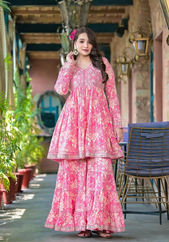 Dhiyona VR Women's Pink Floral Printed Mirror Work Anarkali Kurta With Sharara And Dupatta