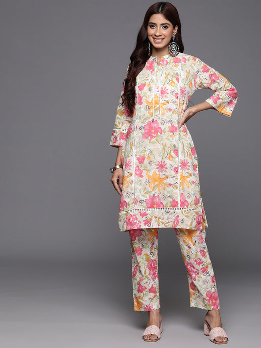 Dhiyona VR Women's Off White Floral Printed Kurta With Bottom