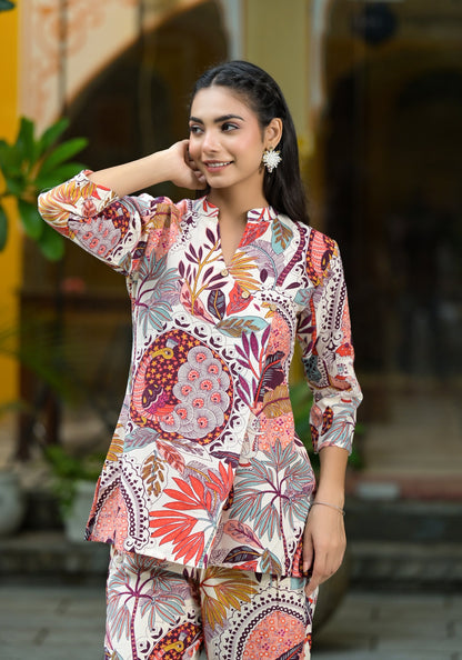Women Pink Printed Viscose Rayon Kurta And Pant Set