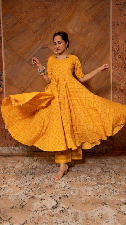 Bandhej Yellow Cotton Anarkali Set