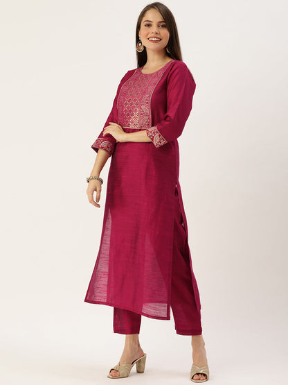 Dhiyona VR Women's Magenta Silk Kurta With Woven Yoke And Fully Elasticated Trouser