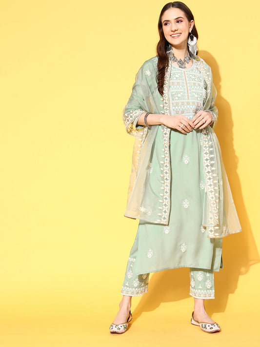 Dhiyona VR Women's Sea Green Embroidered Kurta Paired With Tonal Trouser And Dupatta