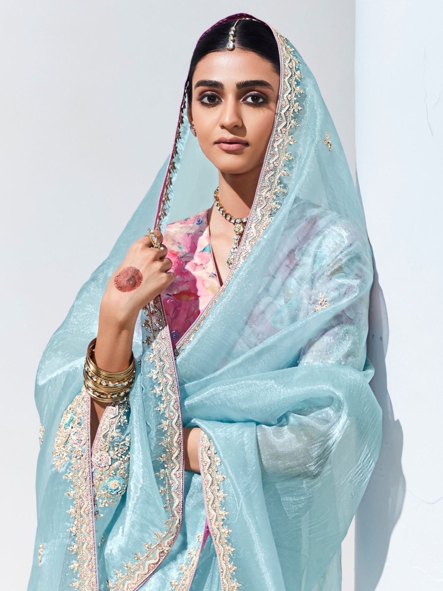 Dhiyona KM Women Sky Blue Silk Saree With Floral Blouse “ A Dreamy Ethnic Attire